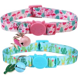 BoomBone Cactus Cat Collar with Bell and Matching Charm, 2 Pack Breakaway Famingo Kitten Collar