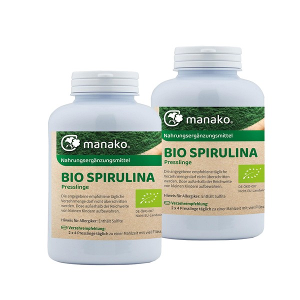 manako BIO Spirulina Algae Tabs/Pellets, 2 x 250 g Tins
