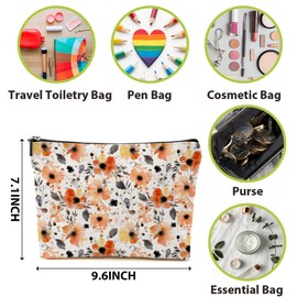 3 PCs Watercolor Flowers Makeup Bag, Floral Orange Cosmetic Bag, Friendship Gifts for Women Best Friend Daughter Sisters Christmas Birthday Gifts Toiletry Bag