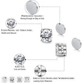 Milacolato 4Pairs Magnetic Stud Earrings For Men Women Stainless Steel CZ Earrings Studs Square Round Diamond Non-Piercing Clip On Stud Earrings Set For Male Boys,6mm 7mm