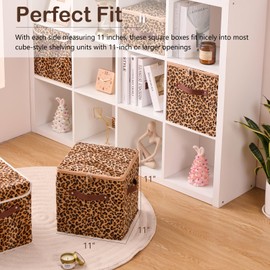 VinneGenzz 2PCS Storage Cubes with Zipper Lid 11 Inch Leopard Print Velvet Fabric Cute Decorative Storage Bins Boxes PU Leather Handles Closet Organizer Container Foldable Washable Shelf Basket