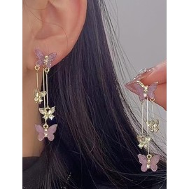 Butterfly Tassel Earrings for Women Zircon Long Butterfly Dangle Earrings Wedding Jewelry Gifts for Women(purpul)