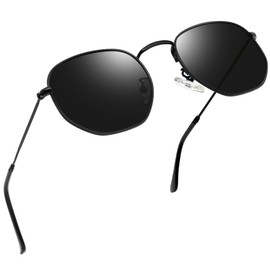 Joopin All Black Hexagonal Sunglasses Womens Polarized UV Protection, Designer Flat Square Sun Glasses Men, Retro Polygon Metal Shades Costume