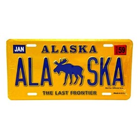 Alaska Moose Metal License Plate 6" X 12" Yellow & Blue
