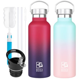 BOGI 20oz Insulated Water Bottle, 2 Pack Wide Mouth Stainless Steel Water Bottles Leakproof Metal Water Bottle with Straw and Handle BPA Free Steel Water Bottle for School Fitness Outdoor Sports