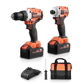 VEVOR Tool Combo Kit, 20V Max Cordless 2-Tool Combo Kit, with 1/2 in Impact Drill, 1/4 in Impact Driver, Compact Cordless Power with 4.0 Ah Batteries, Screws, Charger, and Cloth Bag