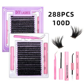 Fluffy Eyelash Extension Kit 288pcs Lash Clusters D Curl 9-16mm Mix 100D kit Lashes with Lash Bond，removing glue and Seal and Remover Lash Applicator for Lash Extension Beginners|Eyelash kit