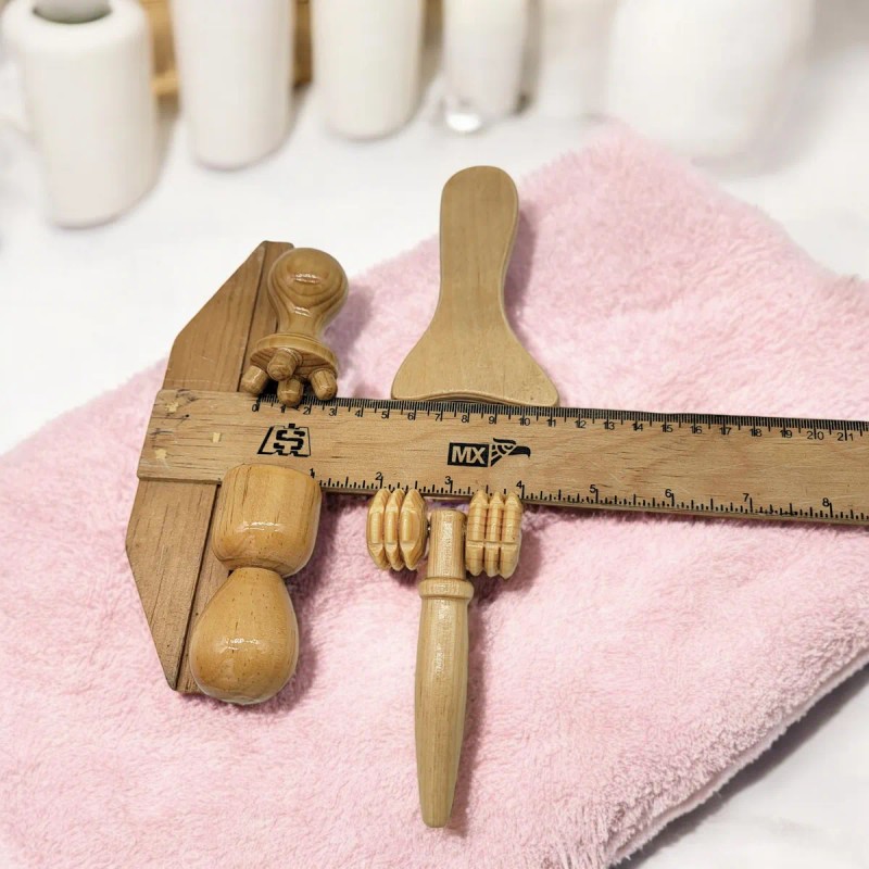 Kit Masaje Maderoterapia Facial Cuello Copa Tablita Rodillo Madera Miel