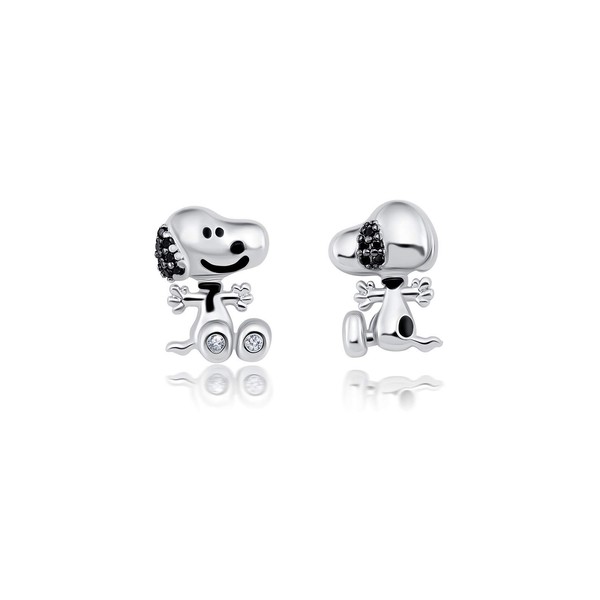 Snoopy Front/Back Earrings - Silver color, enamel, Cubic Zirconia