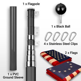 G128 Combo Pack: 20 Ft Telescoping Aluminum Flagpole (Black) & American and Betsy Ross Tea Stained Flags 3x5 Ft, Both ToughWeave Series Embroidered Polyester | Pole with Flags Included