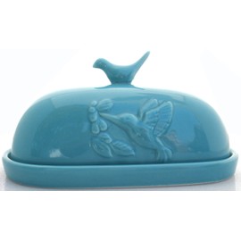 JBK Pottery Hummingbird Butter Dish - Teal (Large Capacity) Fits East or West Coast Butter!