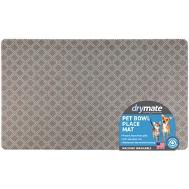 Drymate Pet Bowl Placemat, Dog & Cat Food Feeding Mat - Absorbent Fabric, Waterproof Backing, Slip-Resistant - Machine Washable/Durable (USA Made) (12” x 20”) (Taupe Diamond Squares)