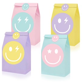 JarThenaAMCS 24Pcs Preppy Party Favor Bags Pastel Smile Face Paper Gift Bags with Tag Sticker Decals Blue Candy Treat Goodie Bags for Bachelorette Wedding Birthday Party Supplies