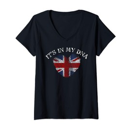 Womens British Union Jack DNA UK Flag Gift T-Shirt V-Neck T-Shirt