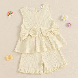 YILEEGOO Toddler Baby Girl Summer Outfits Cotton Baby Clothes Ribbed Sleeveless Bow Ruffled Tank Vest Shirt Tops with Shorts Set (Beige, 2-3T)