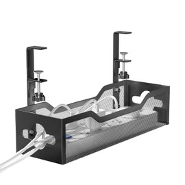 Under Desk Cable Management Tray 13.38", Quszmd Cable Organizer No Drill, Standing Cord Organizer and Wire Management Tray - No Damage to Desk, Black