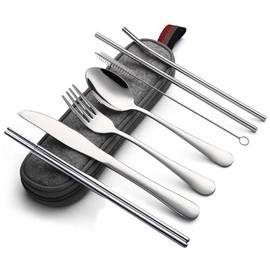 Juego de Cubiertos Portátiles de Acero Inoxidable 8 Piezas: Incluye Pajita y Estuche de Viaje - Utensilios Reutilizables para Acampar, Oficina, Escuel
