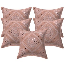DK Homewares Indian Sofa Decorative Cushion Covers 40 x 40 cm Peach Cotton Embroidered Cushion Covers Home Home Decor Mirrored Square Bohemian Cushion Covers - Set of 5 (Cover Only)