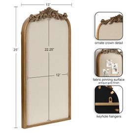 Kate and Laurel Arendahl Arch Pinboard; Gold; 13 x 25; Framed Arched Ornate Vintage Cork Board for Unique Display; Organization; and Decor Options