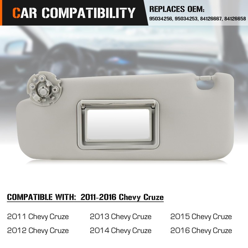 Left Driver Side Sun Visor for 2011-2016 Chevy Cruze Grey