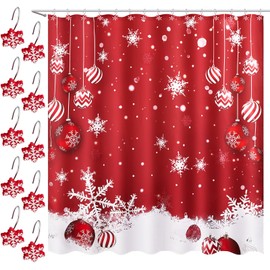 Peryiter Christmas Shower Curtain Red Winter Xmas Holiday Shower Curtain Lightweight Waterproof Christmas Curtain for Bathroom Bathtub Decor Accessories with 12 with 12 Snowflake Hooks,72 x 72 Inch