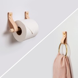 Modern Farmhouse Leather Toilet Paper Holder & Gold Hand Towel Ring Bathroom Accessories set Unique Decor Style hanging Strap loop hanger