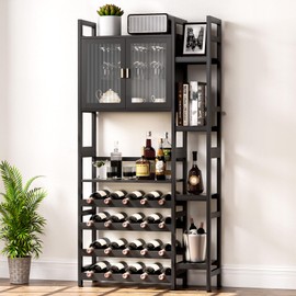 Cozivolife Wine Rack Freestanding Floor,Liquor Bottles Display Organizer with Doors Glass Holder,4 Tiers for Alcohol Accessories Storage and Side 4-Layer Shelves (Black)