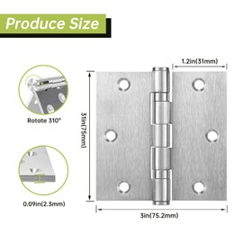 MOZCORN 3 Pack Door Hinges 3 x 3 Inches, Heavy Duty Stainless Steel Ball Bearing Hinges with Screws, Non Removable Pin, Brushed Nickel, Smooth and Quiet