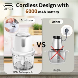 Food Processor Cordless, Small Wireless Chopper with 5-Cup Glass Bowl, 6000mAh Battery USB-C Rechargeable Electric Vegetable Chopper Meat Blender Kitchen Mixer for Garlic, Onion, Salad,Baby Food,White