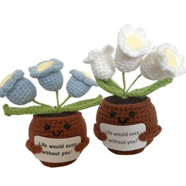 Wezdopu 2PCS Convallaria Flower Positive Crochet Handcrafed Emotional Support Poted Plant Creative Knitting Dolls with Positive Affirmation Card Ideal Gifts for Room Decor Car Home Office
