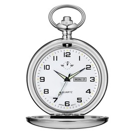 BOSHIYA Smooth Quartz Pocket Watches for Men Classic Arabic Digital Luminous Dial & Day Date Pocket Watch with Chain Christmas Graduation Birthday Gifts