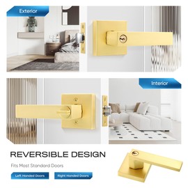 1 Pack Square Type Heavy Duty Lock, Door Lock with Key, Gold/Satin Brass Finish, Support Left and Right Hand, Reversible Handle(Different Keys)