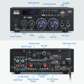Facmogu BT-398A Stereo Digital Audio Amplifier, Max 450Wx2 HiFi Sound Audio Power Amplifier System, 2.0 Channel Receiver Amp for Home Theater Garage w/Fiber/Copper Jack, USB/SD/AUX/RCA/MIC in w/Echo