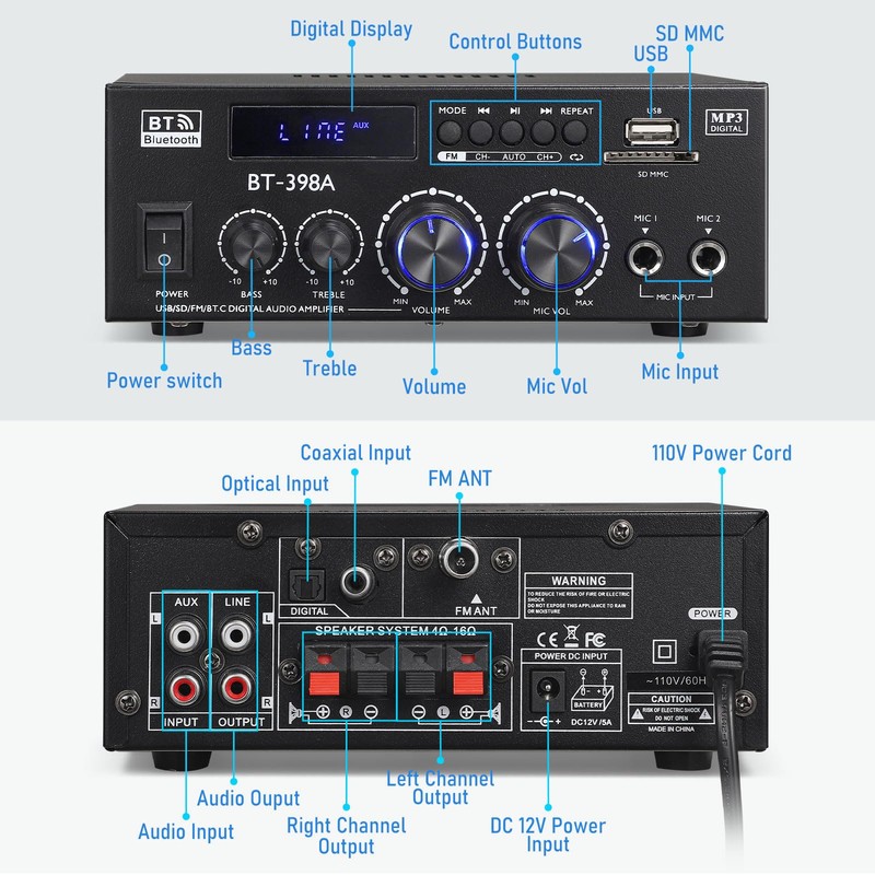 Facmogu BT-398A Stereo Digital Audio Amplifier, Max 450Wx2 HiFi Sound