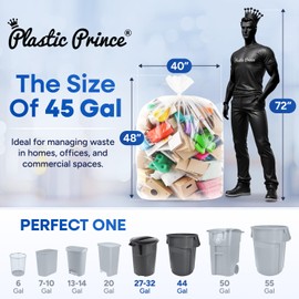 PLASTIC PRINCE 40-45 Gallon Trash Bags, Clear Trash Bags 40"W × 48"L, 22 Micron Clear Garbage Bags, 40-45 Gal High-Density Garbage Can Liners, Fits Square and Round Trash Cans, Pack of 150