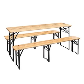 VINGLI Folding Picnic Tables with Benches Set, Weather-Resistant Wooden Beer Garden Table Bench, 3-Piece Portable Fold Up Camping BBQ Table w/Carrying Handles