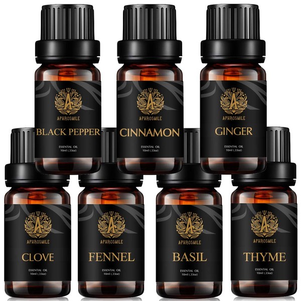 Aromatherapy Spicy Essential Oil Set for Diffuser Clove, Basil, Fennel, Thyme, Black Pepper Essential Oil, 100% Pure Ginger Essential Oil Kit, 7 x 10 ml Therapeutic Grade Cinnamon Oil Set