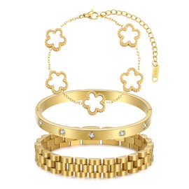 YOQ Stackable Van Cleef Four Leaf Clover Bracelets for Women, 18K Gold Plated Love Bangle Bracelets Set, 3 Pcs Charm Jewelry Gifts (White)