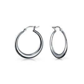 Simple Plain Circle Crescent Tapered Tube Hollow Puff Tube Round Hoop Earrings For Women .925 Sterling Silver Hinged Notched Post 1.25 Inch Diameter