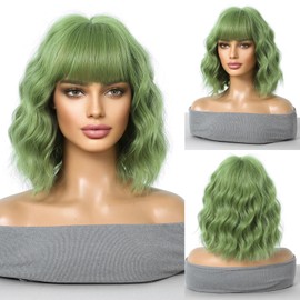 Pelucas Bob Cortas Onduladas Claro con Flequillo Peluca al Hombro Rizada y Ondulada Pelucas Cosplay de Sintético para Mujer (Verde Claro)