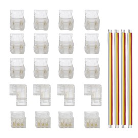 Clearhill 10mm 3Pin 24Pcs Transparent Solderless COB LED Strip Connector Corner Kit,Strip to Wire 4P,Strip to Strip 12P,L-Shape 4P,Red and Black Wire 4P,for Double Color 5V/12V/24V LED Strips.