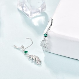 Dreamboat Dangling Earrings for Women Leverback Feather Earrings 925 Sterling Silver Leaf Dangle with Green Zircon Small Huggie Hoop Earrings Fashion Jewelry, Sterling Silver, Cubic Zirconia