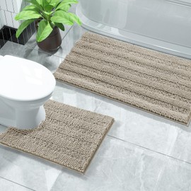 Yimobra Luxury Chenille Bathroom Rugs Sets 2 Piece, Extra Thick Non Slip Quick Dry U Shaped Toilet Bath Mat, Fluffy Shaggy Microfiber Absorbent Machine Washable (Camel, 20" x 32"+20" x 24.4")