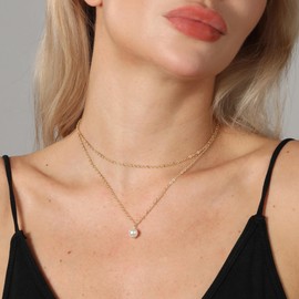 ZNBOH Pearl Necklaces for Women 14k Gold Plated Dainty Choker Layered Pearls Pendant Necklace Cute Simple Faux Pearl Necklace Trendy Thin Small Drop Chain Wedding Prom Bridal Jewelry Gift