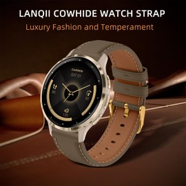 18 mm Leather Strap Compatible with Garmin Venu 3S 41 mm/Forerunner 265S/Forerunner 255S, Leather Watch Strap Replacement Straps for Garmin Vivoactive 4S 40 mm/Vivomove 3S 39 mm, Khaki