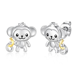 Hypoallergenic 925 Sterling Silver Animals Mushroom Stud Earrings Dog Bunny Pig Cow Otter Deer Ear Studs for Women (Monkey)