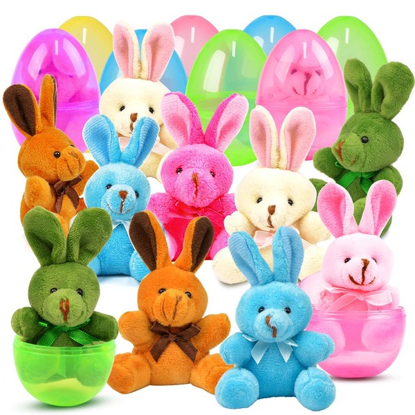 FLY2SKY 12 Packs Easter Eggs Basket Stuffers Plush Bunnies Plastic Easter Eggs Fillers Kids Party Favors Surprise Easter Eggs Hunt Games Supplies Birthday Gifts Toddler Girls Toys Goodies Bags