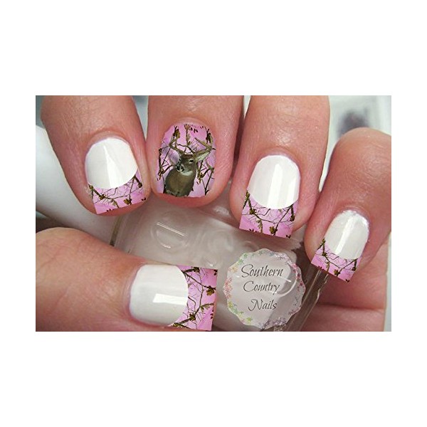 Pink Camo Deer French Tips and Full Nail Art Decals