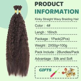 XIIMENALU Kinky Straight Wavy Braiding Hair for Boho Braids Wet and Wavy Bulk Hair for Braiding No Weft Yaki Straight Bulk Hair for Micro Braiding Rebundle Braids (4#, 16inch(1pack(2pcs)))