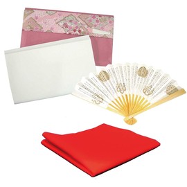 Tea Ceremony, First Set, Basic 3 Pieces, Women's, Silk Cloth (Red), Yuzen Bag, Japanese Paper Fan